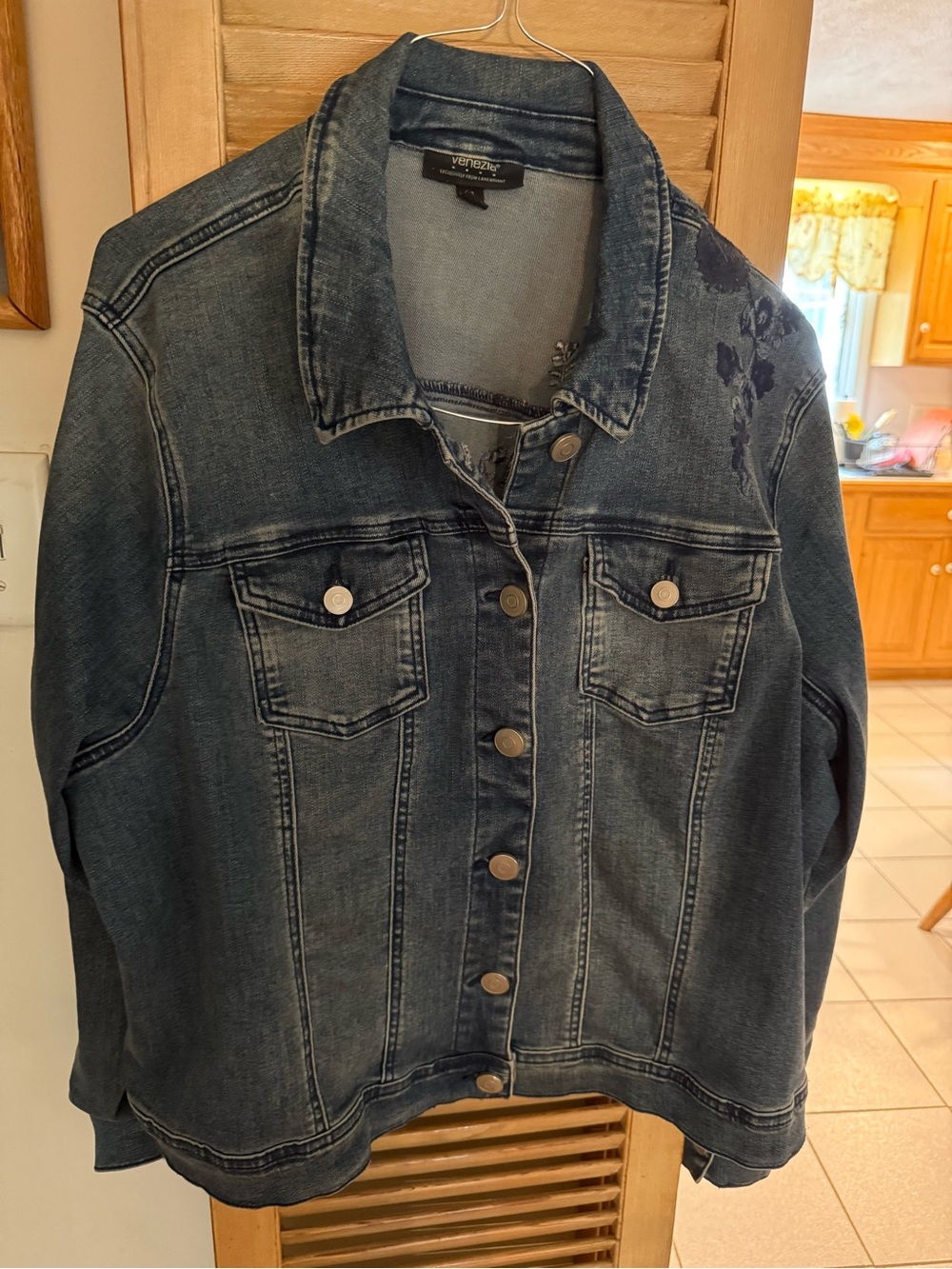 Lane Bryant Dark Blue Denim Jacket with Subtle Shoulder Embroidery